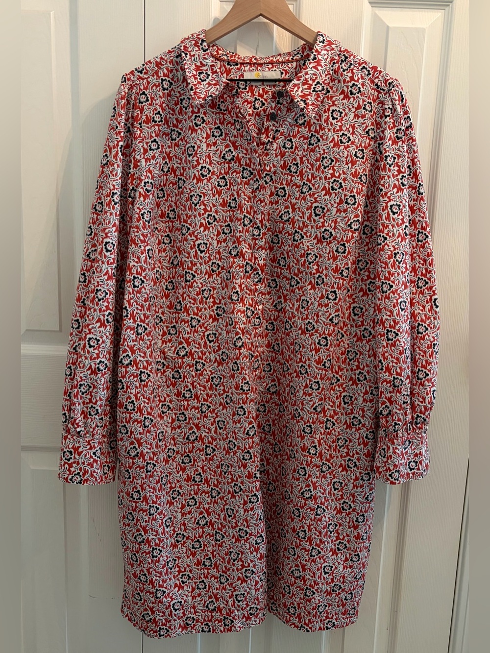 Boden Red Floral Cotton Button-Front Shirt Dress With Pockets Size 20/22 Long